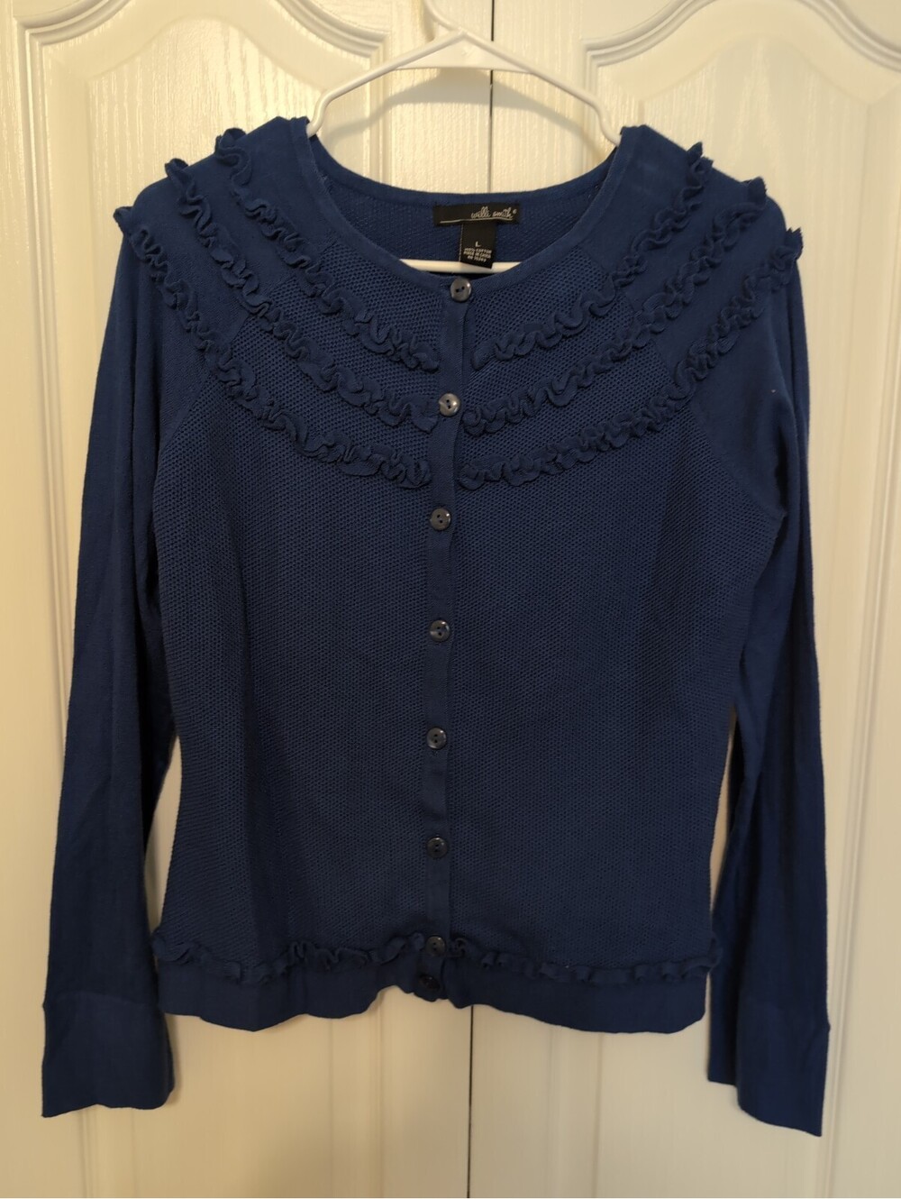 Willi Smith Blue Ruffle Flower Cardigan Sweater Size Large 100% Cotton
